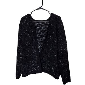 Ann Taylor Speckled Cardigan, Black with White and Purple Speckles, Size XL